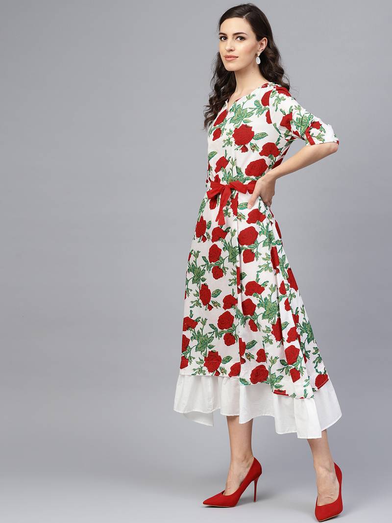 Geroo Jaipur White & Red Floral Hand Block Printed Pure Cotton Sustainable Dress