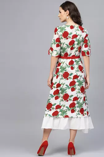   White & Red Floral Hand Block Printed Pure Cotton Sustainable Dress