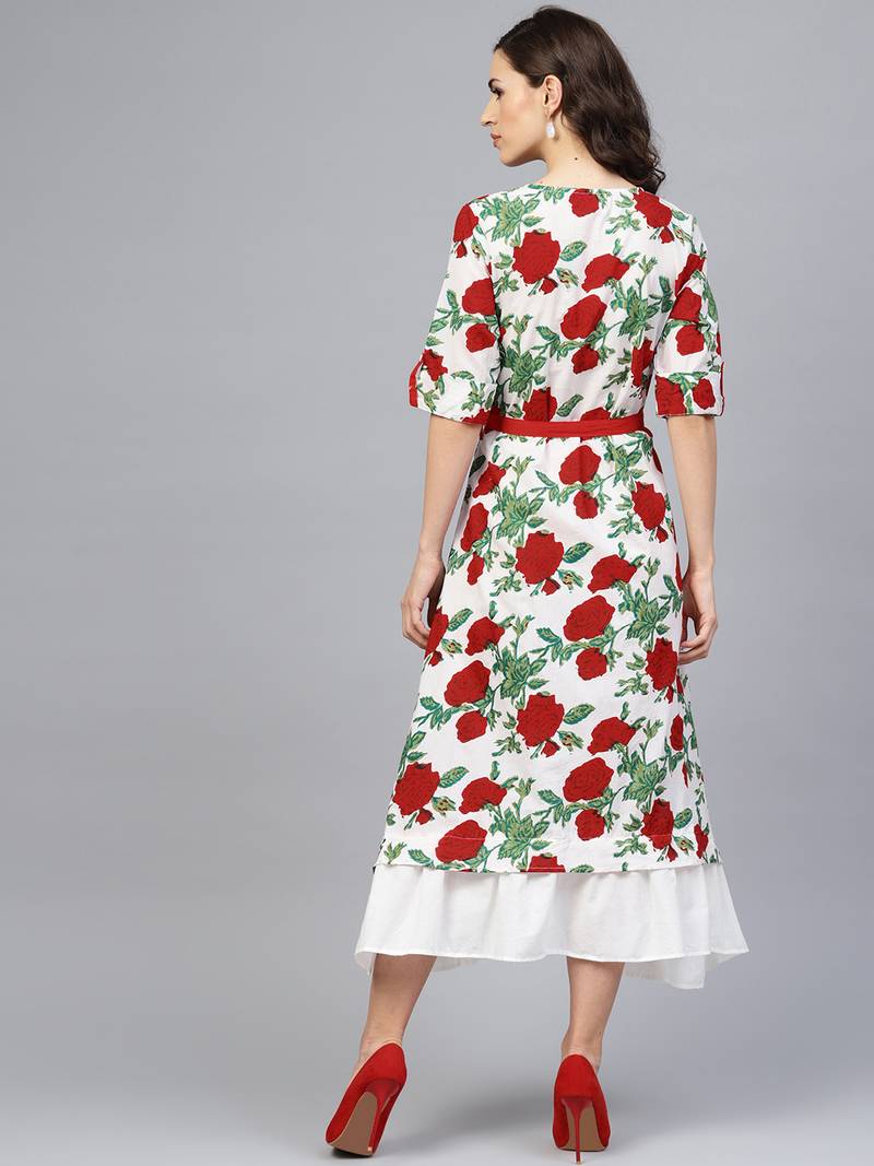 Geroo Jaipur White & Red Floral Hand Block Printed Pure Cotton Sustainable Dress