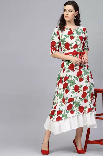   White & Red Floral Hand Block Printed Pure Cotton Sustainable Dress