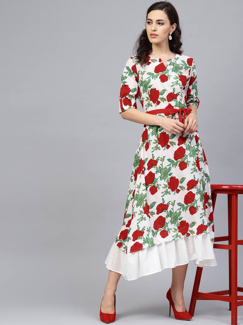 Geroo Jaipur White & Red Floral Hand Block Printed Pure Cotton Sustainable Dress