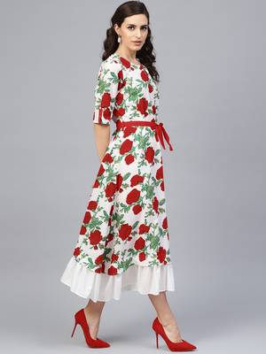   White & Red Floral Hand Block Printed Pure Cotton Sustainable Dress 1