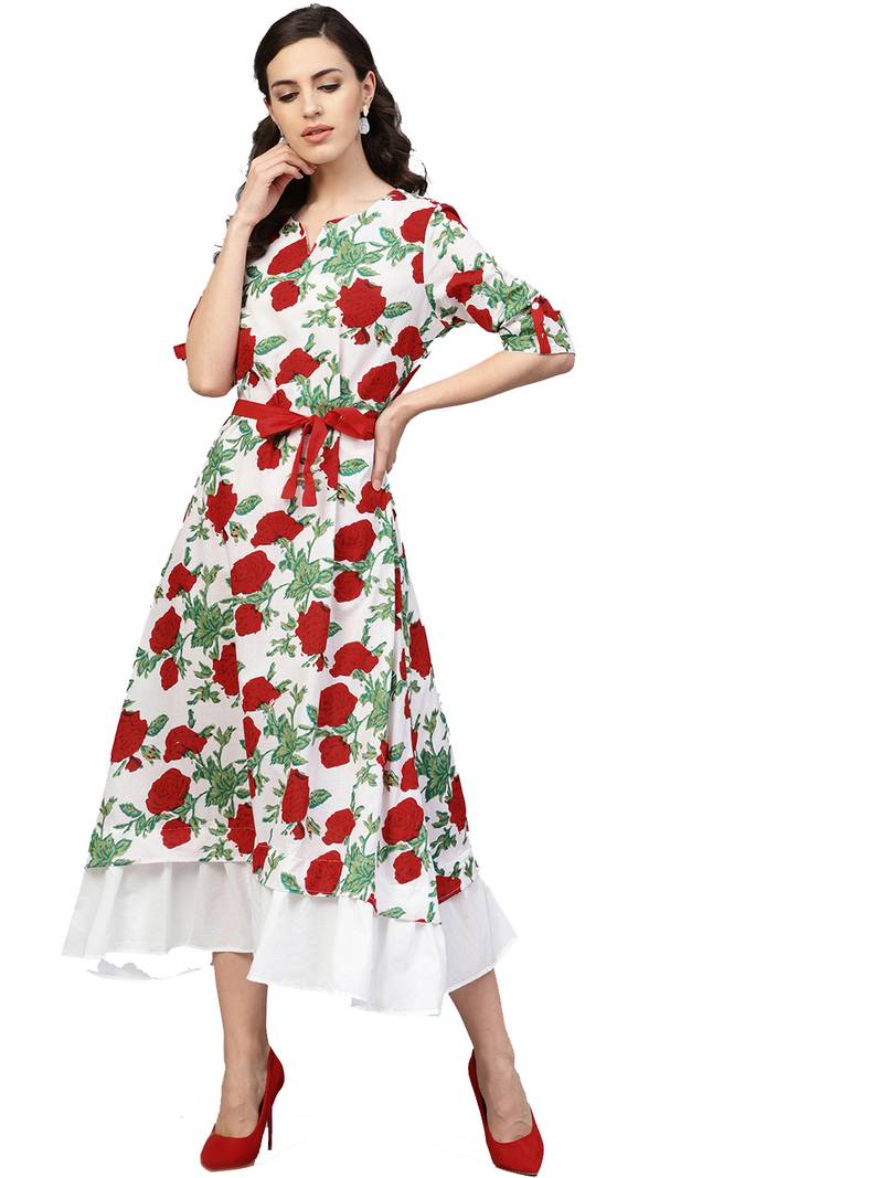 Geroo Jaipur White & Red Floral Hand Block Printed Pure Cotton Sustainable Dress