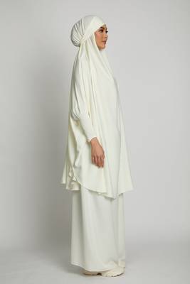 Modest Off-White Two-Piece Jilbab Abaya Set | Plain Crepe Fabric Daily Wear 3