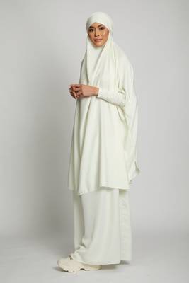 Modest Off-White Two-Piece Jilbab Abaya Set | Plain Crepe Fabric Daily Wear 4
