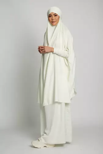 Modest Off-White Two-Piece Jilbab Abaya Set | Plain Crepe Fabric Daily Wear