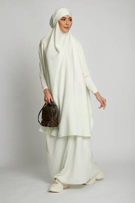 Modest Off-White Two-Piece Jilbab Abaya Set | Plain Crepe Fabric Daily Wear 5