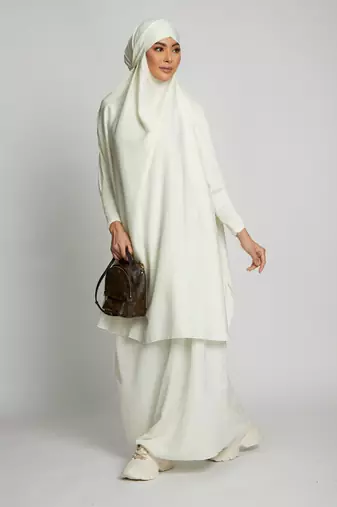 Modest Off-White Two-Piece Jilbab Abaya Set | Plain Crepe Fabric Daily Wear