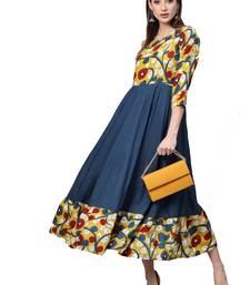 Geroo Jaipur Yellow & Navy Blue Kalamkari Hand Block Printed Rayon Dress