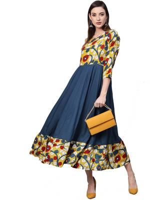   Yellow & Navy Blue Kalamkari Hand Block Printed Rayon Dress 2