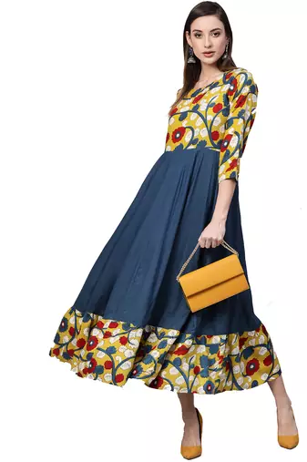   Yellow & Navy Blue Kalamkari Hand Block Printed Rayon Dress