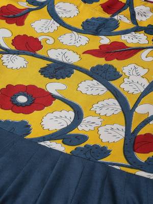  Yellow & Navy Blue Kalamkari Hand Block Printed Rayon Dress 3