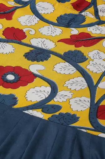   Yellow & Navy Blue Kalamkari Hand Block Printed Rayon Dress