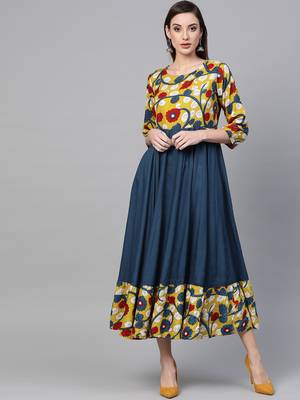  Yellow & Navy Blue Kalamkari Hand Block Printed Rayon Dress 4