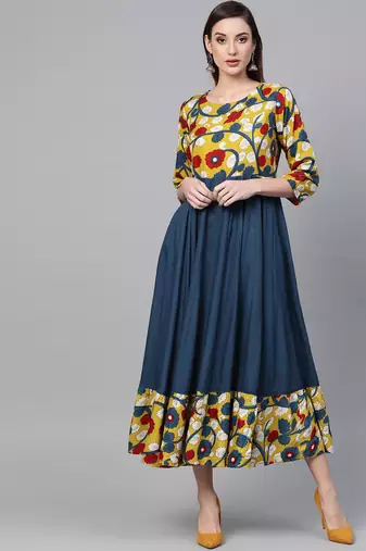   Yellow & Navy Blue Kalamkari Hand Block Printed Rayon Dress