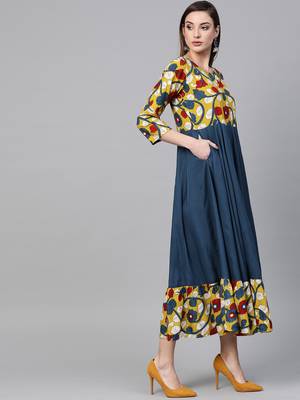   Yellow & Navy Blue Kalamkari Hand Block Printed Rayon Dress 1