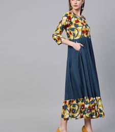   Yellow & Navy Blue Kalamkari Hand Block Printed Rayon Dress