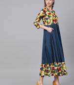 Geroo Jaipur Yellow & Navy Blue Kalamkari Hand Block Printed Rayon Dress