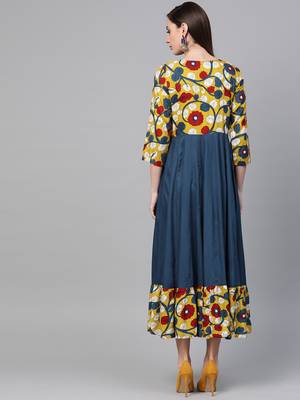   Yellow & Navy Blue Kalamkari Hand Block Printed Rayon Dress 5