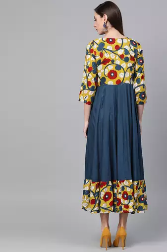   Yellow & Navy Blue Kalamkari Hand Block Printed Rayon Dress