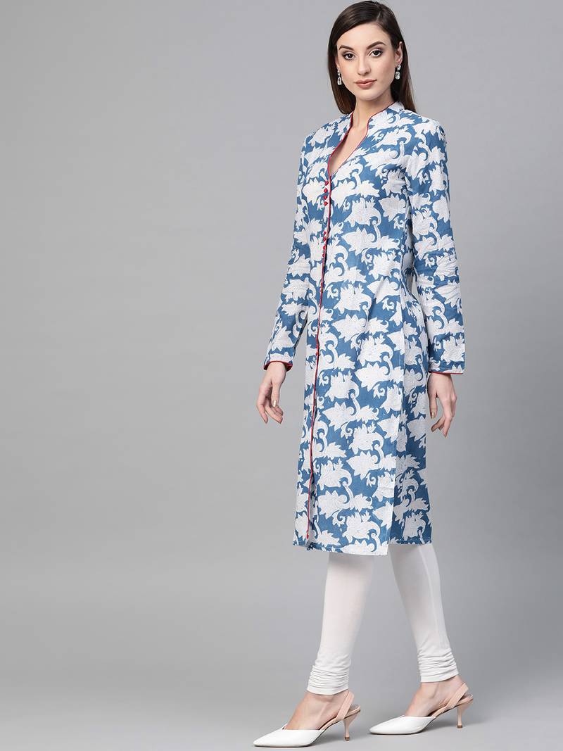 Geroo Jaipur Indigo Hand Block Printed Straight Pure Cotton Kurta