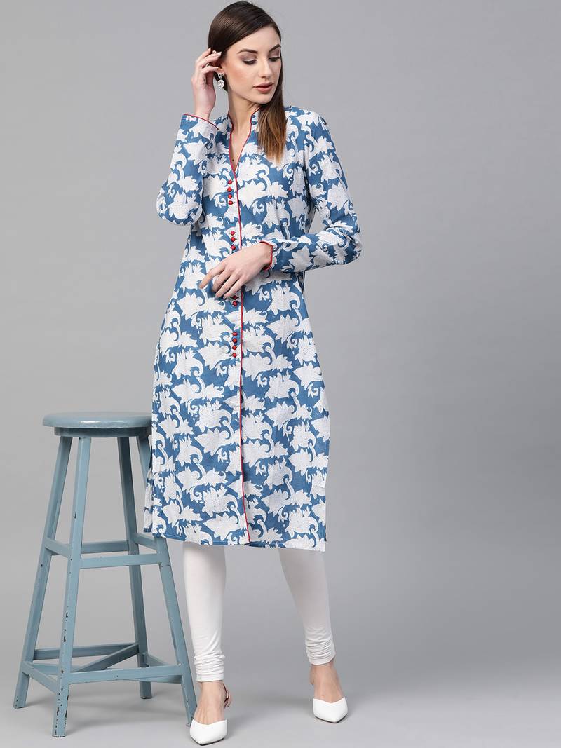 Geroo Jaipur Indigo Hand Block Printed Straight Pure Cotton Kurta