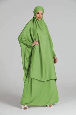 Two Piece Knee Length Jilbab Khimar Style Abaya and Skirt with Chunnat Slevees/Dolman Sleeves Parrot Green Color 1