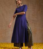 Spectrum Blue Gold Cotton High Slit Kurta Set
