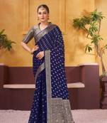 Navy Blue Jacquard Georgette Party Wear Saree With Brocade Blouse
