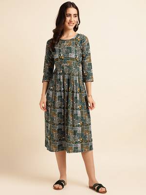 Fabclub viscose rayon printed fit and flare women dress (green) 1
