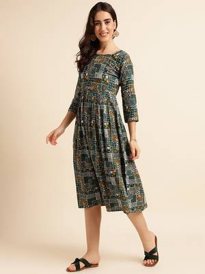 Fabclub viscose rayon printed fit and flare women dress (green) 2