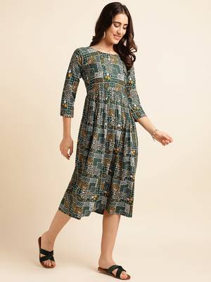 Fabclub viscose rayon printed fit and flare women dress (green) 3
