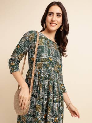 Fabclub viscose rayon printed fit and flare women dress (green) 4