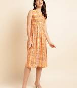 Fabclub viscose rayon shibori printed fit and flare women dress (mustard yellow)