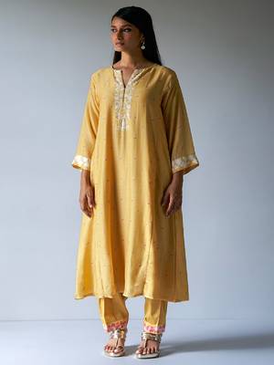 Yellow Bemberg Silk Printed Salwar Suit With Delicate Hand Embroidery on Top and Bottom 1