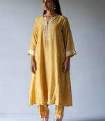 Yellow Bemberg Silk Printed Salwar Suit With Delicate Hand Embroidery on Top and Bottom