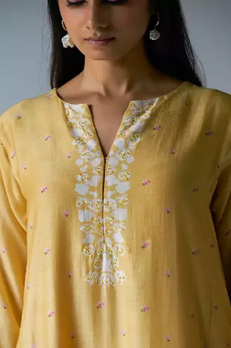 Yellow Bemberg Silk Printed Salwar Suit With Delicate Hand Embroidery on Top and Bottom