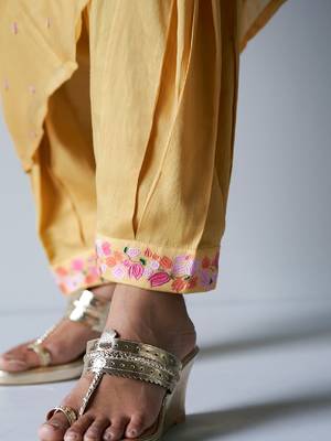 Yellow Bemberg Silk Printed Salwar Suit With Delicate Hand Embroidery on Top and Bottom 5