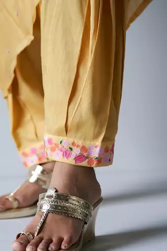 Yellow Bemberg Silk Printed Salwar Suit With Delicate Hand Embroidery on Top and Bottom