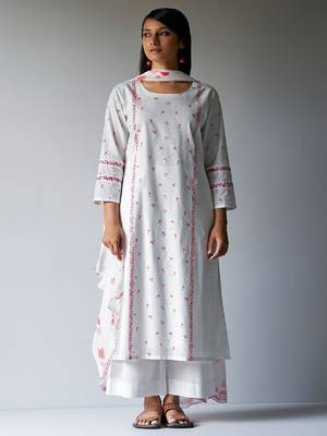 White Bougainvillea Cotton Printed Salwar Suit With Embroidery and Lace Detailing on Sleeves 1
