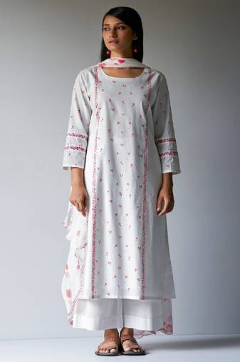 White Bougainvillea Cotton Printed Salwar Suit With Embroidery and Lace Detailing on Sleeves