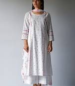 White Bougainvillea Cotton Printed Salwar Suit With Embroidery and Lace Detailing on Sleeves