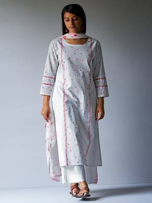 White Bougainvillea Cotton Printed Salwar Suit With Embroidery and Lace Detailing on Sleeves 2