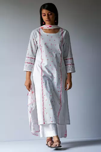 White Bougainvillea Cotton Printed Salwar Suit With Embroidery and Lace Detailing on Sleeves