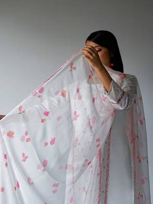 White Bougainvillea Cotton Printed Salwar Suit With Embroidery and Lace Detailing on Sleeves 3