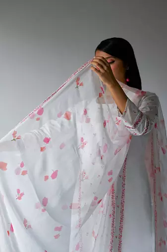 White Bougainvillea Cotton Printed Salwar Suit With Embroidery and Lace Detailing on Sleeves
