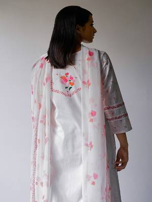 White Bougainvillea Cotton Printed Salwar Suit With Embroidery and Lace Detailing on Sleeves 4