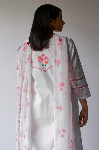 White Bougainvillea Cotton Printed Salwar Suit With Embroidery and Lace Detailing on Sleeves