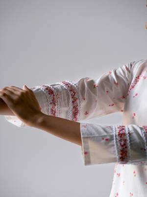 White Bougainvillea Cotton Printed Salwar Suit With Embroidery and Lace Detailing on Sleeves 5