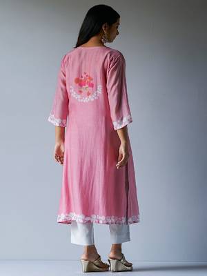 Strawberry Ice Pink and Grey Bemberg Silk Salwar Suit With Delicate Embroidery Detailing 1
